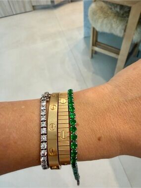 Gold Tone Bracelet Stack with Emerald and Clear Crystal Tennis Bracelets